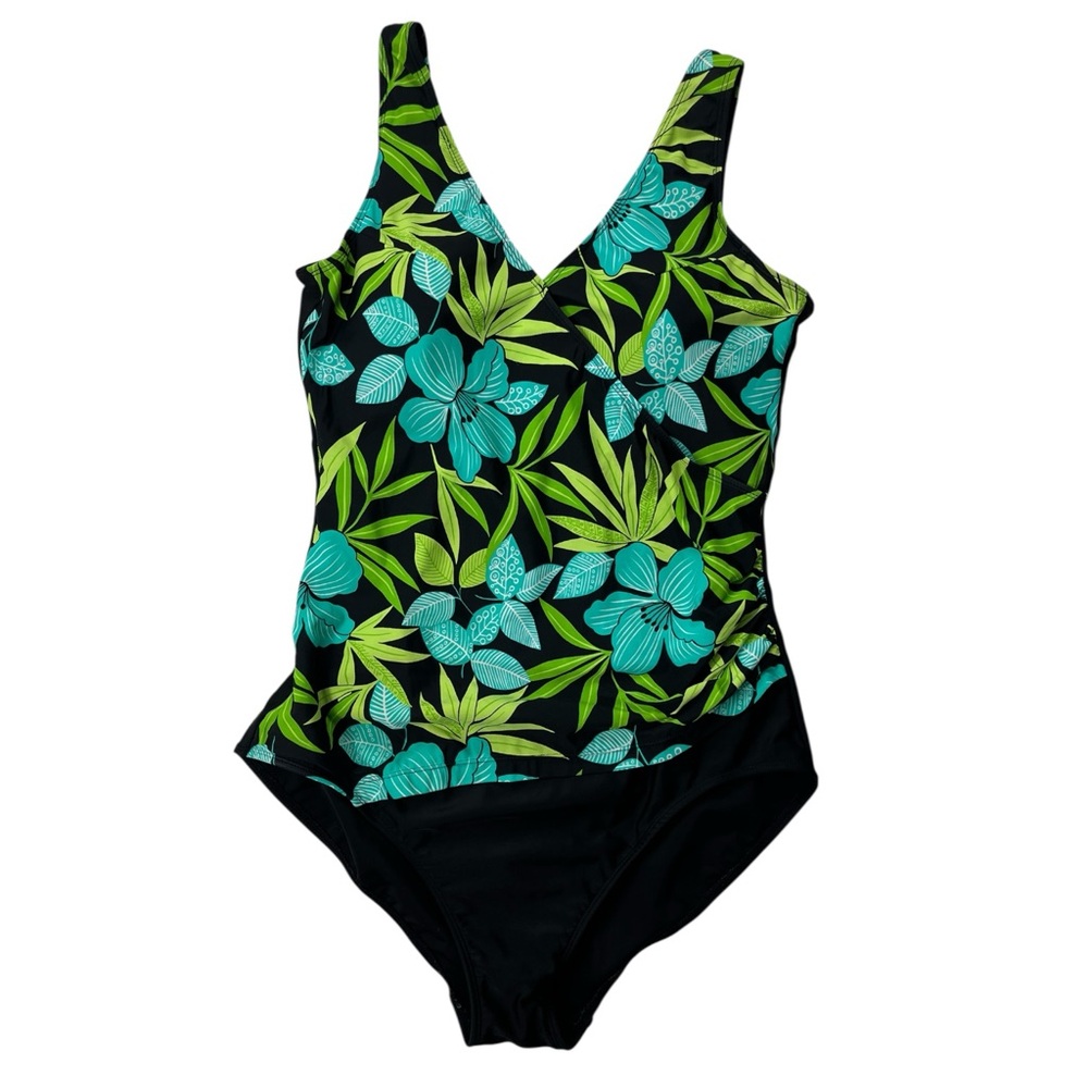 Beach Belle Women Green, Blue and Black Floral Print One Piece Swim Suit Plus 22